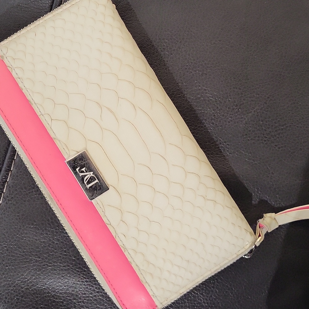 Diane Von Furstenberg Embossed White Python Hot Pink Pop Continental Wallet